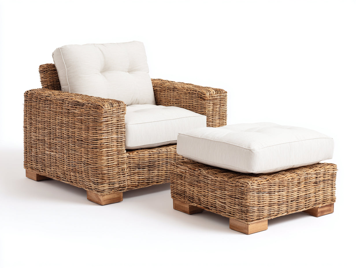 Sillones de ratán - Sillón con reposapiés - 95x85x80 cm - Ratán sintético-Beige - Estilo rústico