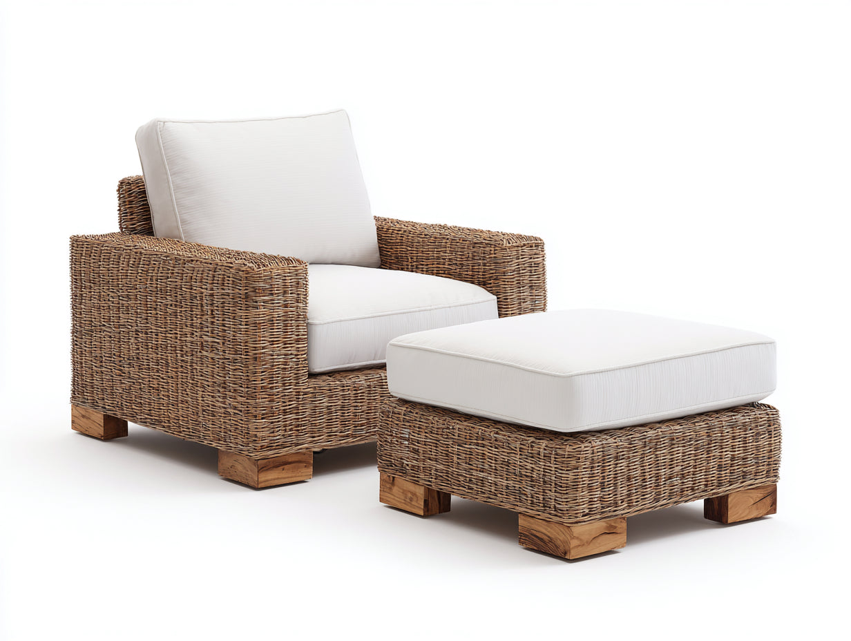 Sillones de ratán marrón 94x88x83 cm para jardín - diseño con reposapiés