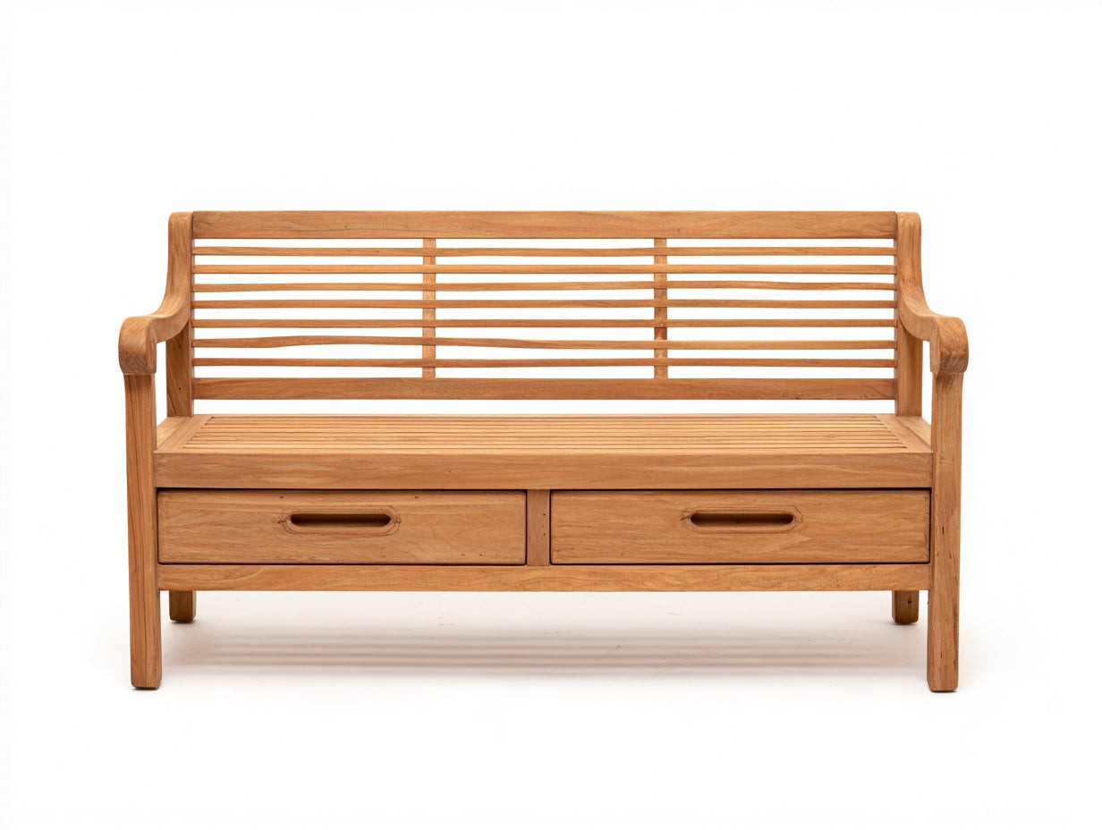 Bancos de jardín - Banco de madera con respaldo y 2 cajones - 150x55x90 cm - Natural - Estilo contemporáneo