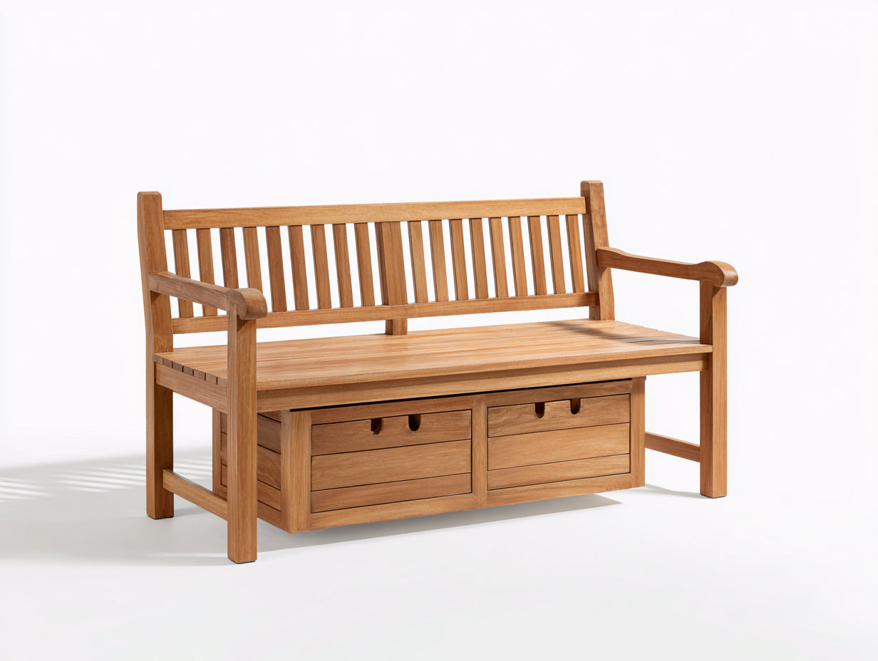 Bancos de jardín 150x58x86 cm - madera marrón con 2 cajones - estilo clásico para exterior