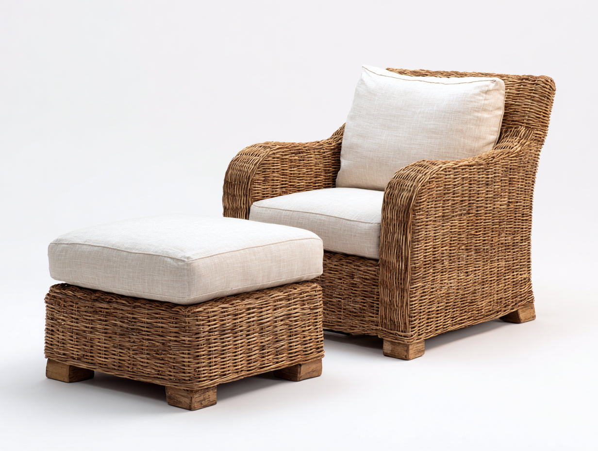 Sillones de ratán Sillón de ratán con reposapiés 90x88x82 cm Marrón con cojines beige - Estilo natural