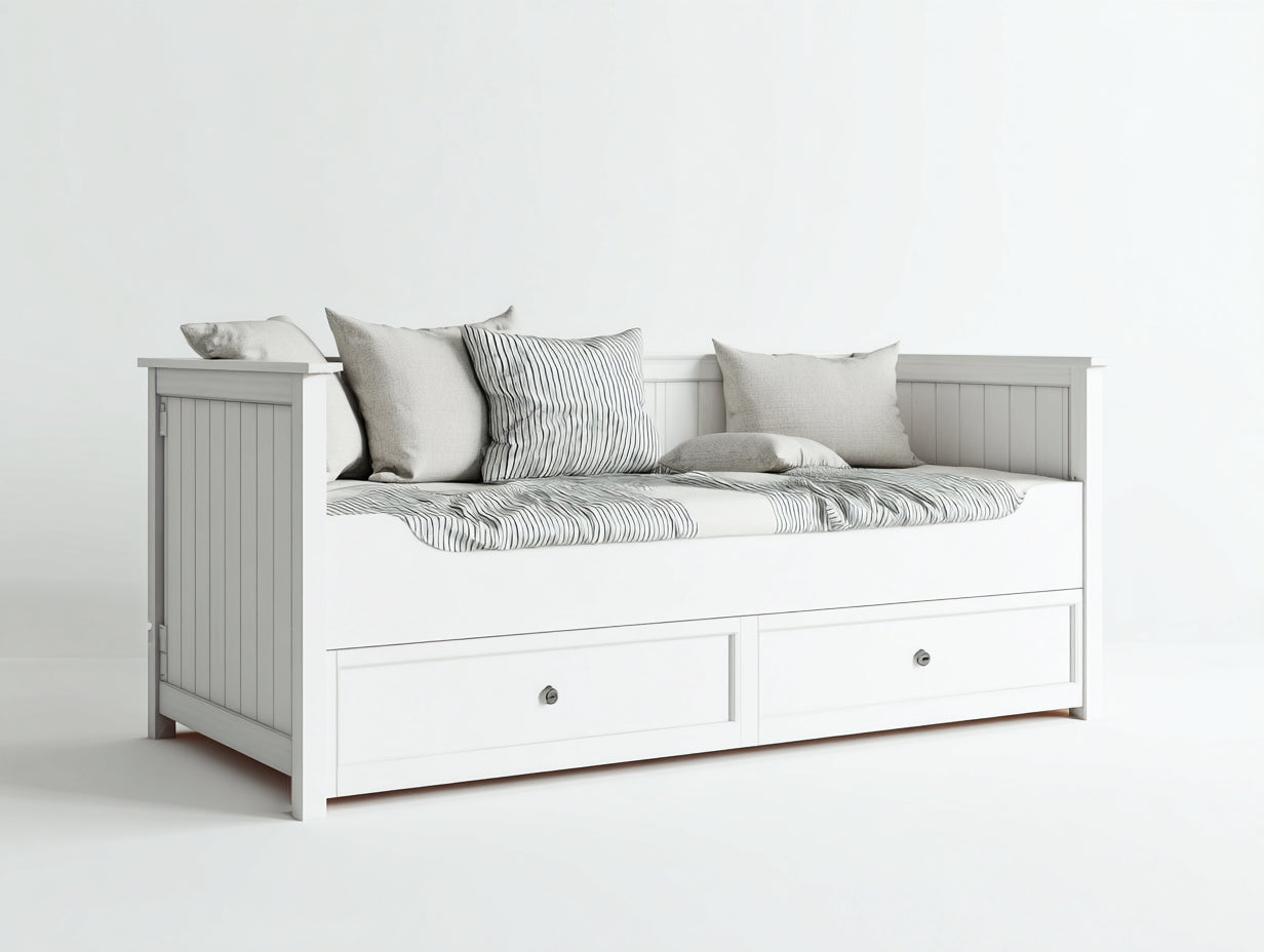 Sofás cama 200x92x84 cm - madera blanca con 2 cajones - estilo nórdico funcional