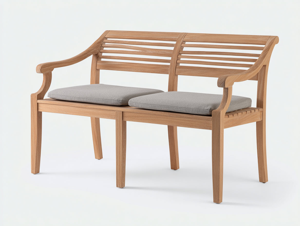 Bancos de jardín - Banco de madera con respaldo y cojines - 135x55x88 cm - Natural - Estilo contemporáneo