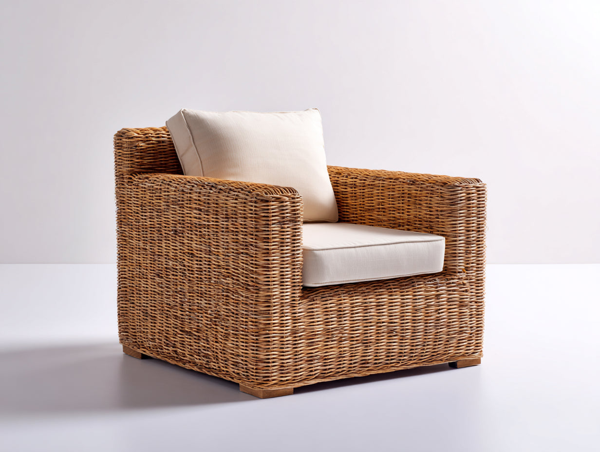 Sillones de ratán 82x84x78 cm - ratán marrón con cojines blancos - estilo natural para exterior