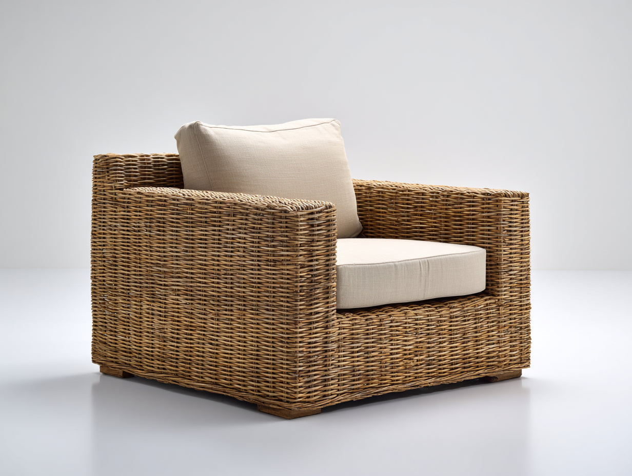 Sillones de ratán - Sillón de ratán trenzado con cojines - 96x86x78 cm - Natural-Beige - Estilo rústico