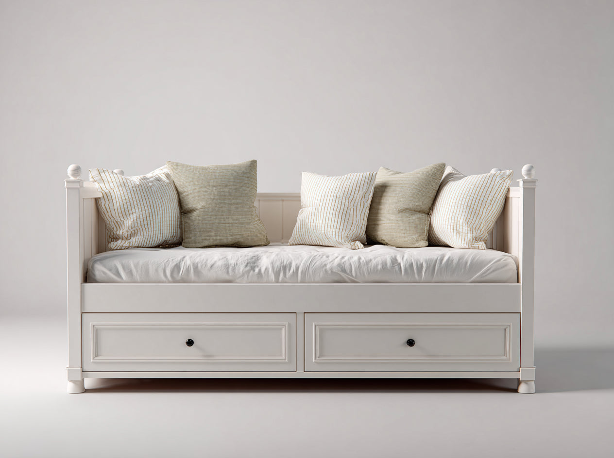 Sofás cama - Sofá cama de madera con 2 cajones - 205x96x92 cm - Blanco - Estilo clásico