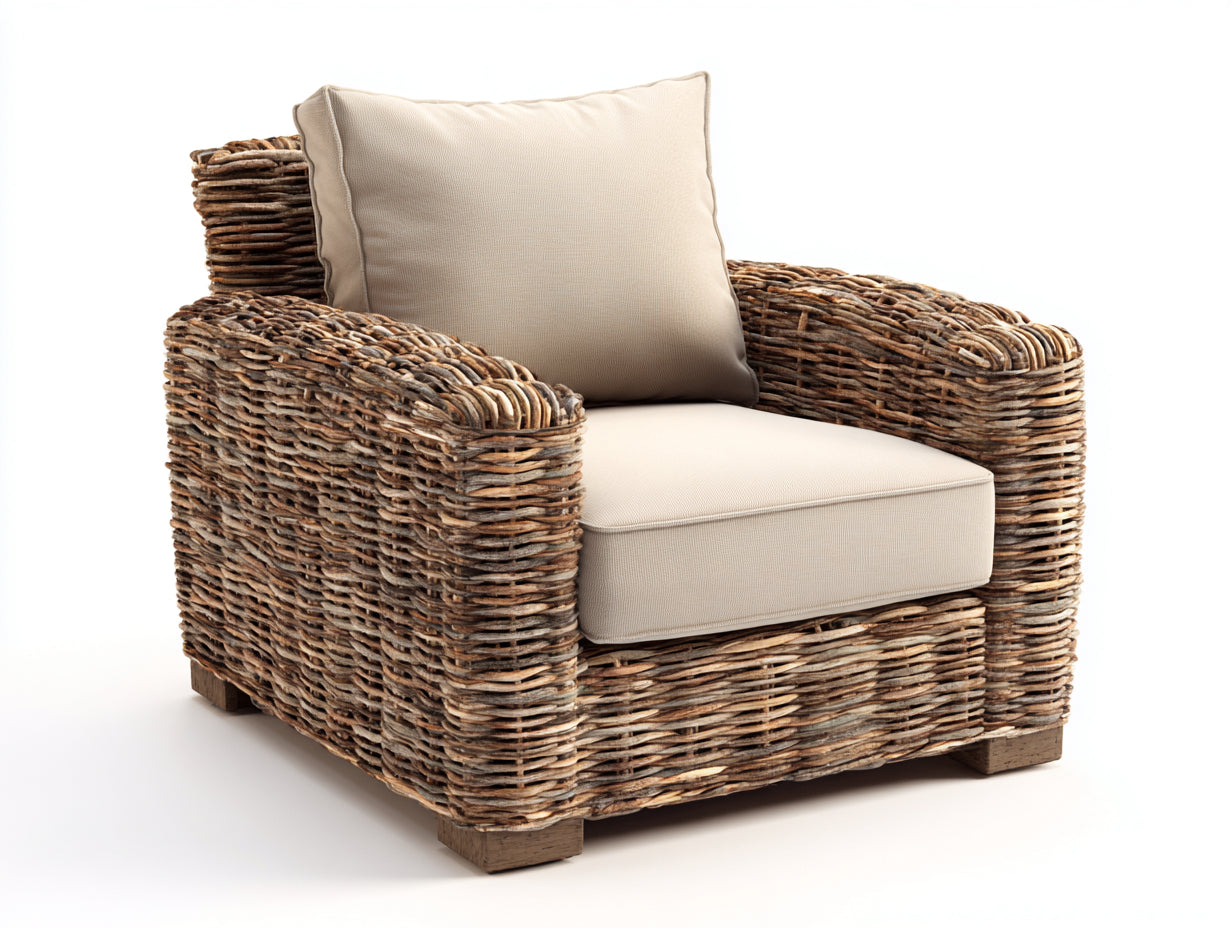 Sillones de ratán - Sillón de ratán trenzado con cojines - 94x84x77 cm - Natural-Beige - Estilo rústico